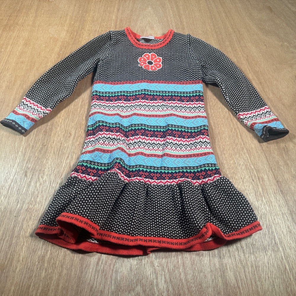Hanna Andersson Sweater Dress Kid 110 (5) Multi Fair Isle Flower Applique Cotton